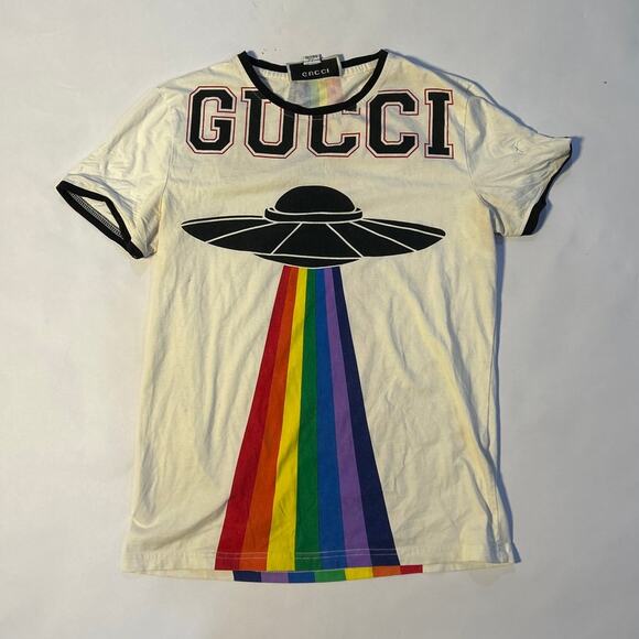 Men's Gucci T-Shirt UFO Rainbow Embroidered Size Large - Picture 1 of 6
